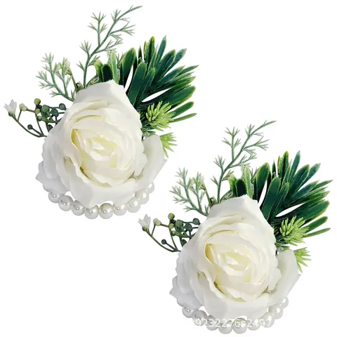 Corsage di Rosa Bianca Artificiale e Fiore da Polso Matrimonio Boutonniere Stile Mori Fiore di Seta Festa Prom Abito Decorazione