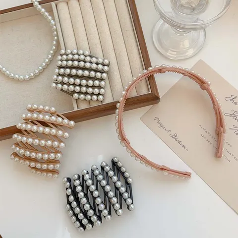 Portable Foldable Stretch Pearl Headband For Women Non-Slip Hairband With Teeth Plastic Artificial Pearl Travel Hair Accessories