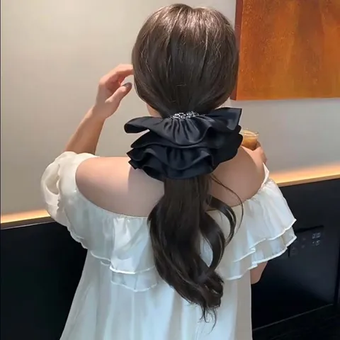 French Retro Oversized Satin Ruffle Scrunchie Elegant Plaid Polka Dot Patchwork Hair Tie Large Hair Ring For Women Fashion Jewelry