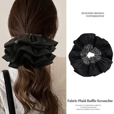 French Retro Oversized Satin Ruffle Scrunchie Elegant Plaid Polka Dot Patchwork Hair Tie Large Hair Ring For Women Fashion Jewelry
