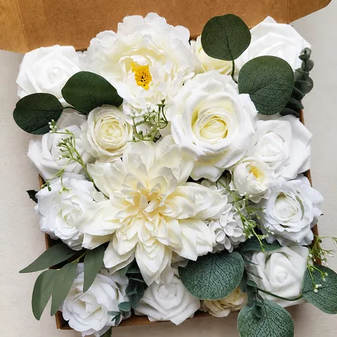 Bouquet de Fleurs en Soie Artificielle Fait Main Arrangement Floral de Roses Blanches pour Cérémonie de Mariage Décoration Intérieure Cadeau DIY