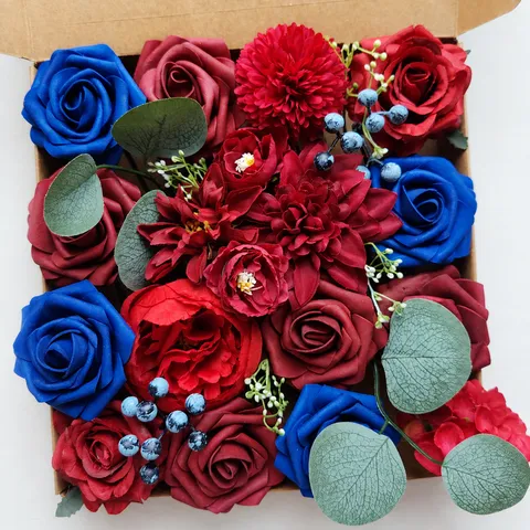 Boîte Cadeau de Fleurs Artificielles en Soie Fait Main Vintage Rouge Vin Arrangement Floral de Roses pour Fête de Mariage Décoration