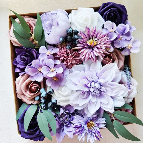 Bouquet de Fleurs de Rose en Soie Artificielle Fait Main Boîte Cadeau Arrangement Floral Violet Pour Fête de Mariage Décoration Maison
