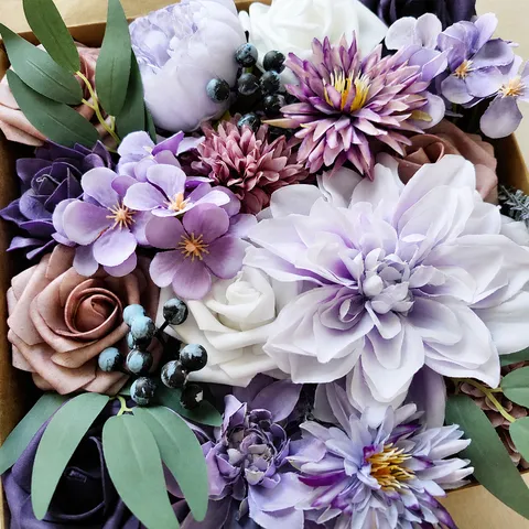 Bouquet de Fleurs de Rose en Soie Artificielle Fait Main Boîte Cadeau Arrangement Floral Violet Pour Fête de Mariage Décoration Maison