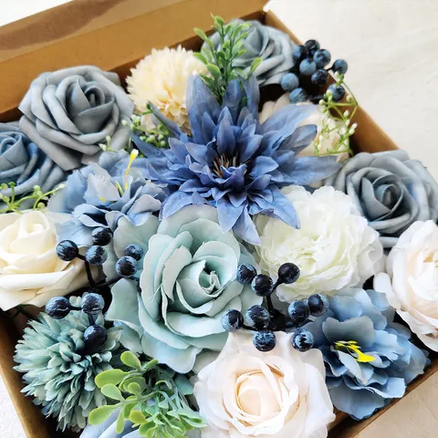 Boîte Cadeau de Fleurs Artificielles en Soie Fait Main Roses Bleues Arrangement Floral Pour Fête de Mariage et Décoration Intérieure