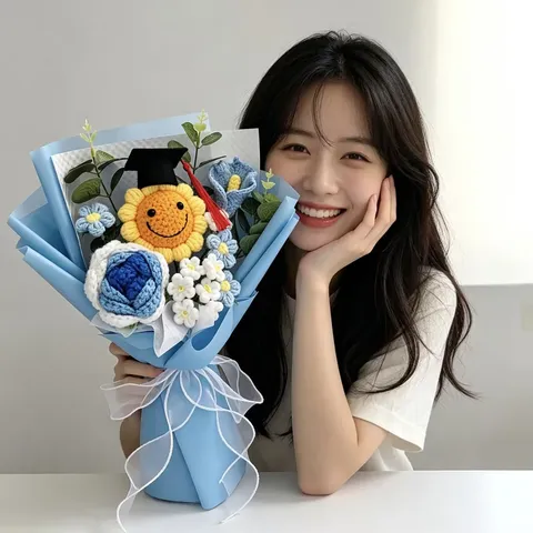 Bouquet de Fleurs en Laine Artificielle Tournesol Rose Crochet Tricoté à la Main Cadeau de Graduation Décoration de Maison