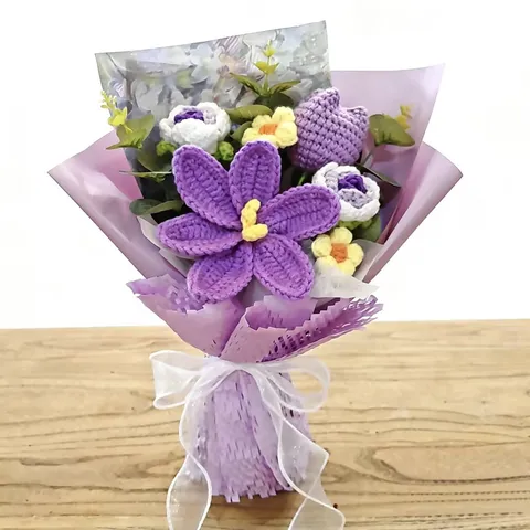 Bouquet de Fleurs en Laine au Crochet Fait Main Rose Artificielle Tournesol Cadeau Pour Fête des Mères Saint-Valentin Décoration de Mariage Maison