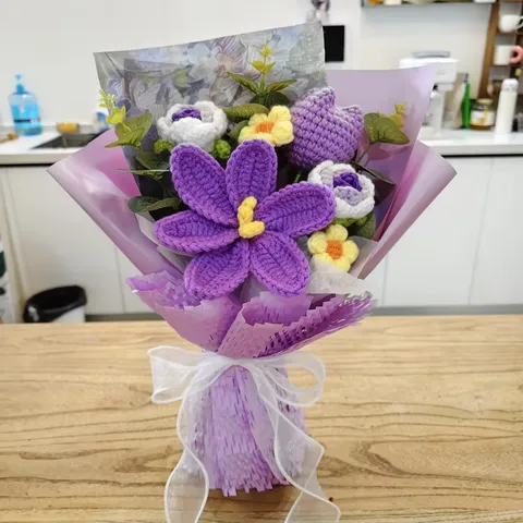 Bouquet de Fleurs en Laine au Crochet Fait Main Rose Artificielle Tournesol Cadeau Pour Fête des Mères Saint-Valentin Décoration de Mariage Maison