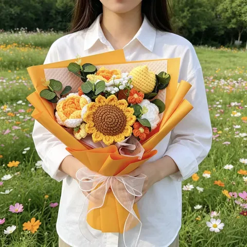 Bouquet de Tournesols Tricoté à la Main Fil de Crochet Arrangement Floral Artificiel Décoration Intérieure Cadeau Pour Fête