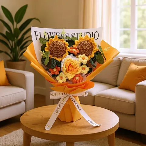 Bouquet de Tournesols au Crochet Fait Main Cadeau de Fleur Artificielle Tricotée Pour Étudiant de Graduation Bureau Décoration