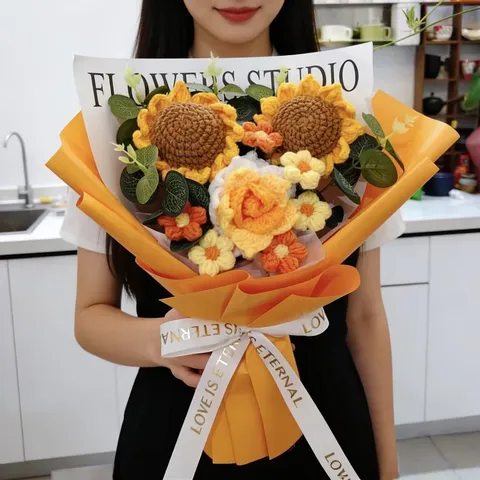 Bouquet de Tournesols au Crochet Fait Main Cadeau de Fleur Artificielle Tricotée Pour Étudiant de Graduation Bureau Décoration
