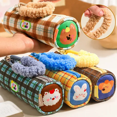 Niedliches Plüsch Federmäppchen Winter Kontrast Karo Schreibwaren Tasche Großes Kapazität Etui Mit Tragbarem Griff Für Schüler Und Kinder