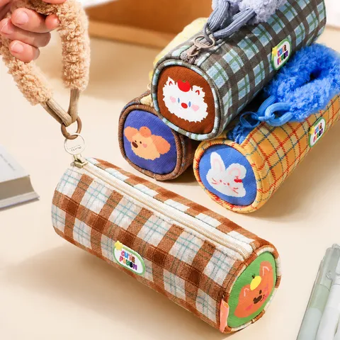Niedliches Plüsch Federmäppchen Winter Kontrast Karo Schreibwaren Tasche Großes Kapazität Etui Mit Tragbarem Griff Für Schüler Und Kinder