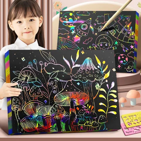 Kinder Schwarzes Kratz Kunstpapier Set Regenbogen Magie Kratzpapier Mit Holzzapfen DIY Basteln Zeichnen Zubehör