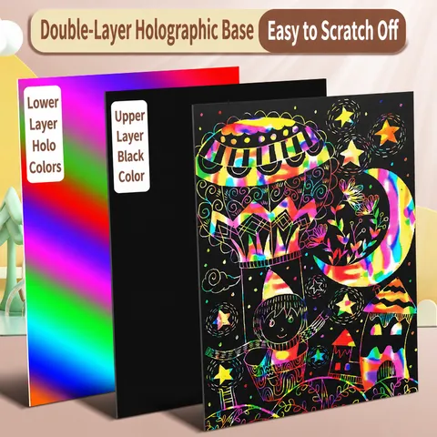 Kinder Schwarzes Kratz Kunstpapier Set Regenbogen Magie Kratzpapier Mit Holzzapfen DIY Basteln Zeichnen Zubehör