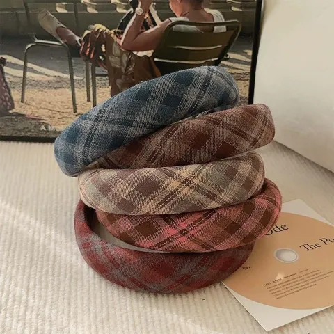 Retro Ruitjes Wollen Haarband Voor Dames Strik Hoog Model Vintage Koreaanse Stijl Haaraccessoires Herfst Winter