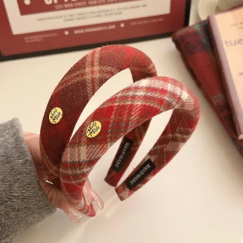 Herbst Winter Plüsch Gepolstertes Pläd Haarband Damen Neujahrsrot Hohes Haarband Elegant Handgefertigt Stoff Haarschmuck