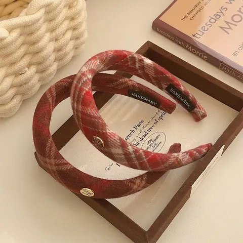 Herbst Winter Plüsch Gepolstertes Pläd Haarband Damen Neujahrsrot Hohes Haarband Elegant Handgefertigt Stoff Haarschmuck