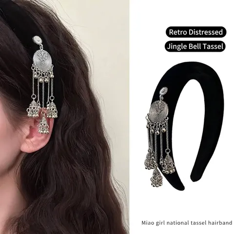 New Chinese Style Velvet Padded Headband For Women Vintage Alloy Jingle Bell Tassel Hair Band Ethnic New Year Party Headwear