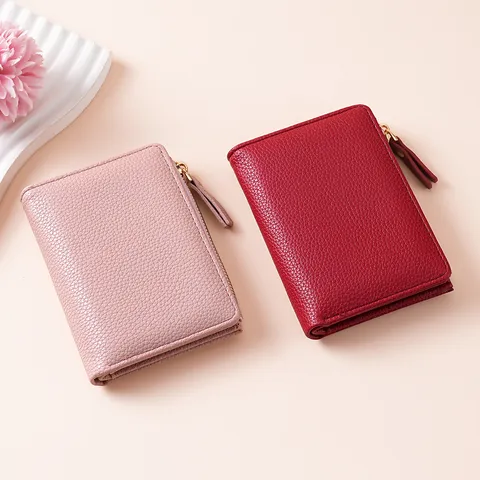 Portafoglio Corto da Donna in Pelle PU con Motivo Litchi Portafoglio Pieghevole con Scomparti Multipli per Carte Tasca Portamonete con Cerniera