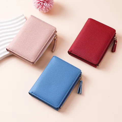 Portafoglio Corto da Donna in Pelle PU con Motivo Litchi Portafoglio Pieghevole con Scomparti Multipli per Carte Tasca Portamonete con Cerniera