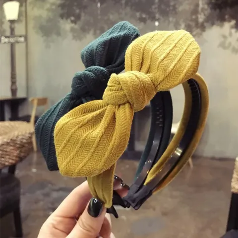 Korean Style Women Striped Fabric Hairband Wide Side Non-slip Teeth Rabbit Ear Bowknot Headband Daily Fashion Hair Accessory