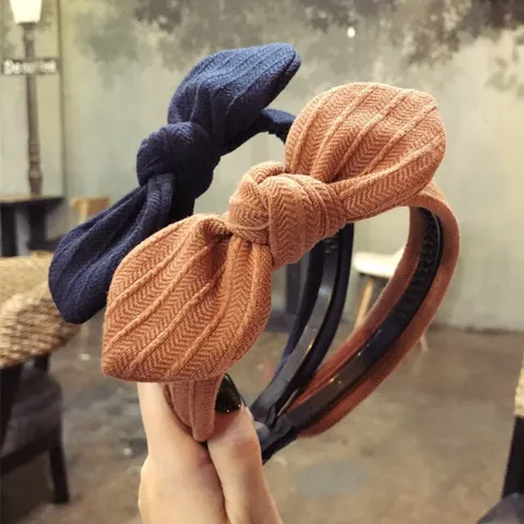 Korean Style Women Striped Fabric Hairband Wide Side Non-slip Teeth Rabbit Ear Bowknot Headband Daily Fashion Hair Accessory