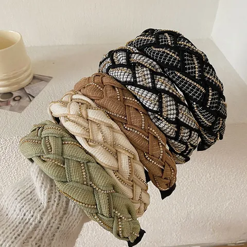 Handmade Braided Twist Wide Padded Headband For Women Rhinestone Chain High Skull Top Fabric Hair Hoop Elegant Hair Accessory