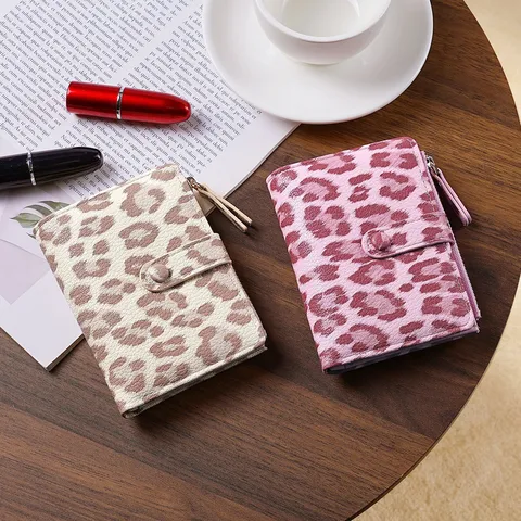 Portafoglio Corto da Donna con Stampa Leopardata Moda Pelle PU Fessure Multipli Tasca Portamonete con Cerniera