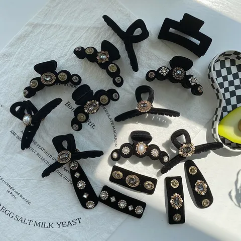 Pinza para el Pelo de Terciopelo Vintage Francés Grande con Diamantes de Imitación y Perlas Artificiales para Mujer Accesorios Elegantes de Terciopelo
