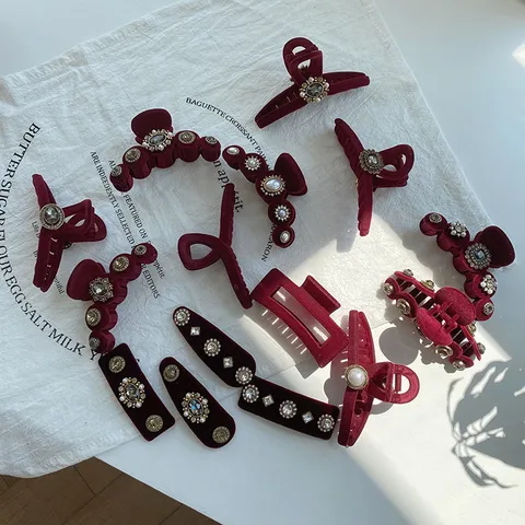 Pinza para el Pelo de Terciopelo Vintage Francés Grande con Diamantes de Imitación y Perlas Artificiales para Mujer Accesorios Elegantes de Terciopelo