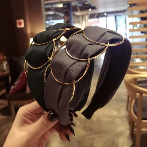 Korean Fashion Wide Fabric Headband With Gold Interlocking Metal Rings Cross Spliced Hairband For Women Elegant Daily Hair Accessories