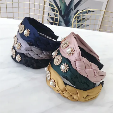 Korean Style Elegant Wide Braided Headband With Artificial Pearl Rhinestone Flower Decoration Fabric Hair Band For Women