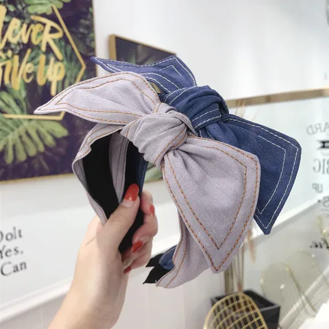 Diadema de Tela Denim de Estilo Coreano Con Gran Lazo Ala Ancha Doble Costura En Contraste Accesorios Para El Cabello De Mujer