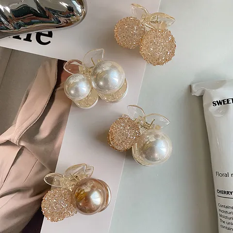 Korean Style Mini Cherry Hair Claw Clips For Women Elegant Artificial Pearl Rhinestone Small Hair Clips Sweet Bangs Clip High Ponytail Accessories