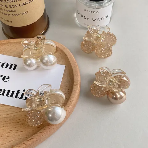 Korean Style Mini Cherry Hair Claw Clips For Women Elegant Artificial Pearl Rhinestone Small Hair Clips Sweet Bangs Clip High Ponytail Accessories