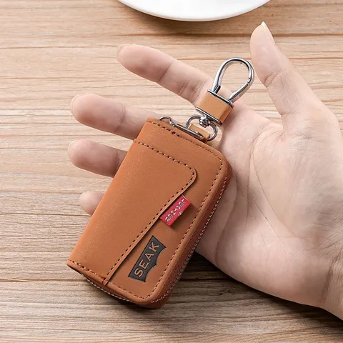 Porte-clés en Cuir PU pour Hommes Vintage Rétro Étui à Clés Fermeture Éclair Portefeuille Multifonction Organisateur de Clés de Voiture