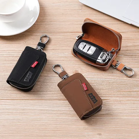 Porte-clés en Cuir PU pour Hommes Vintage Rétro Étui à Clés Fermeture Éclair Portefeuille Multifonction Organisateur de Clés de Voiture