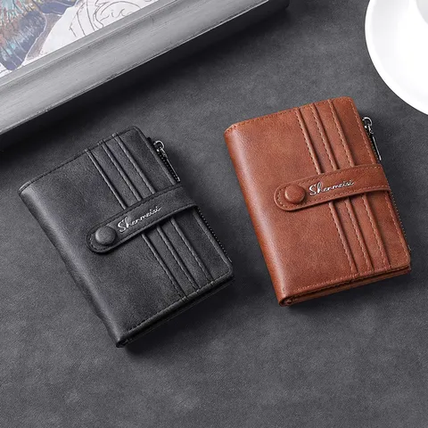Portafoglio Corto Retro da Uomo in Pelle PU Portacarte Pieghevole Tasca Portamonete Business Casual Portafoglio Vintage Tinta Unita con Chiusura Lampo
