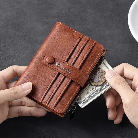 Portafoglio Corto Retro da Uomo in Pelle PU Portacarte Pieghevole Tasca Portamonete Business Casual Portafoglio Vintage Tinta Unita con Chiusura Lampo