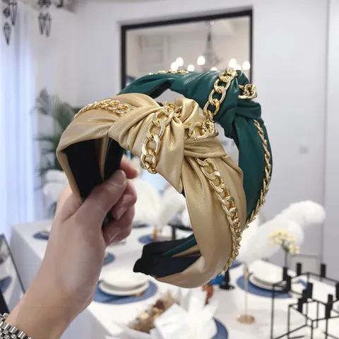 Punk PU Leather Metal Chain Knotted Wide Side Headband For Women Vintage Fashion Twisted Hair Band Hair Accessories
