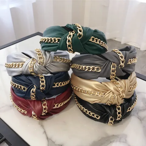 Punk PU Leather Metal Chain Knotted Wide Side Headband For Women Vintage Fashion Twisted Hair Band Hair Accessories