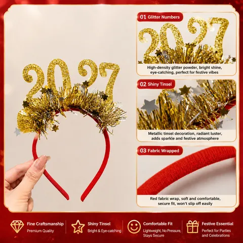 Cerchietto con Numeri di Paillettes Felice Anno Nuovo 2027 Stelle Luccicanti Decorazioni per Feste Oggetti di Scena Fotografici Unisex