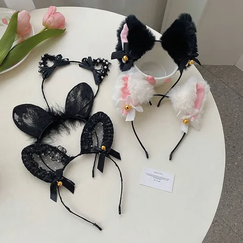 Halloween Cat Rabbit Ears Plush Headband Gothic Lace Bow Bell Anime Cosplay Hair Accessory For Women Girls Costume Party