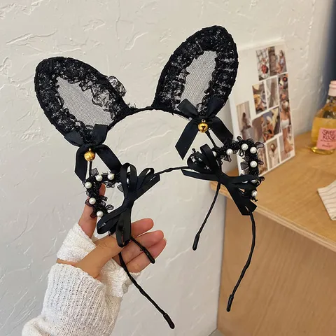 Halloween Cat Rabbit Ears Plush Headband Gothic Lace Bow Bell Anime Cosplay Hair Accessory For Women Girls Costume Party