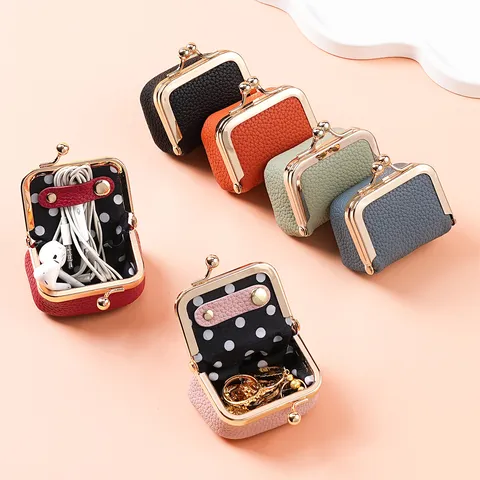 Mini PU Leather Kiss Lock Coin Purse Portable Jewelry Box Ring Earring Storage Pouch Vintage Change Purse For Women