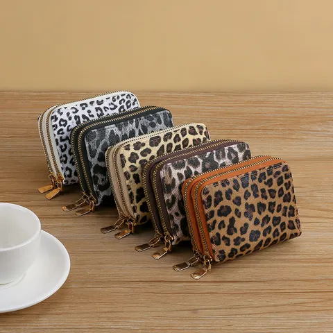 Portamonete da Donna in Pelle PU Stampa Leopardo Doppia Cerniera Portafoglio Corto Porta Carte Multifunzionale Retro