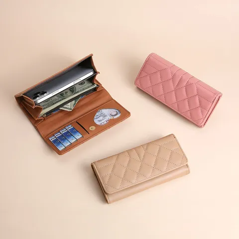 Portafoglio Lungo Trifold da Donna Lusso Pelle PU Trapuntata Grande Capacità Borsa Porta Carte Multiplo Telefono Borsellino