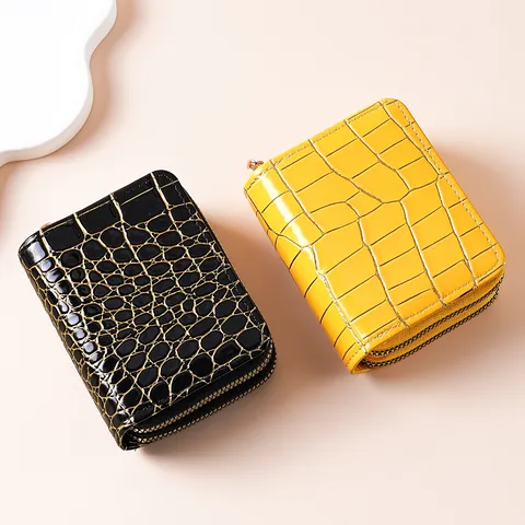 Portacarte in Pelle PU da Donna Retro Motivo Pietra Doppia Cerniera Portamonete Scomparti Multipli Mini Portafoglio