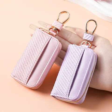 Portachiavi Multifunzionale in Pelle PU Patchwork Blocco Colore Custodia per Chiavi Auto Portafoglio di Conservazione con Cerniera Portatile Unisex
